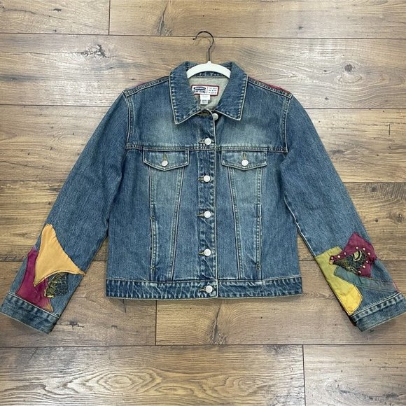 Old Navy Blue Jeans Jacket Women Medium Denim Upcycled Patchwork 80s 90s Vintage - Picture 2 of 14